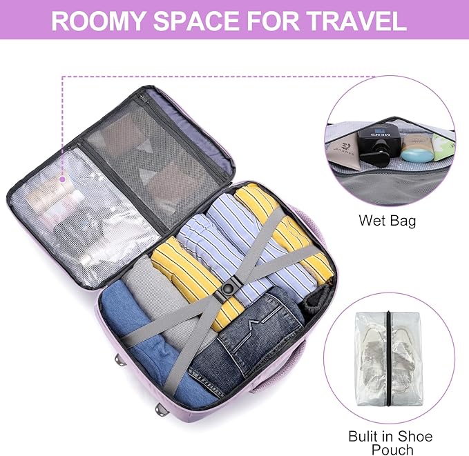EZUOLA Travel Backpack for Women, 25L Carry On Backpack Airline Approved,Personal Item Travel Bag,Bookbag for College Essentials,Lightweight Work Back pack for Weekend Business,Gifts Purple