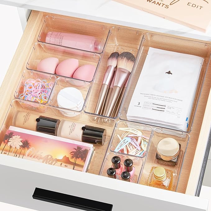 Vtopmart 66 PCS Clear Plastic Drawer Organizer Bins, 4-Size Versatile Bathroom and Vanity Organizer Trays, Acrylic Storage Containers for Makeup, Jewelry, Toiletry, Kitchen Utensils and Office Supply