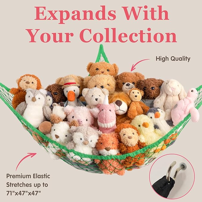 Stuffed Animal Storage Hammock Net Corner - Large Toy Hammock Net for Stuffed Animals Room Decor - Cute Stuff Animal Organizer Holder for Plush Plushie - Kids Baby Nursery Wall Bedroom Home Decor