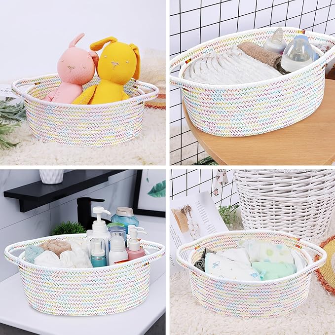 ABenkle Small Woven Basket, 12"x 8" x 5" Cute Small Basket, Rope Room Shelf Storage Basket, Cat Dog Toys Basket Chest Box, Empty Decorative Gift Basket with Handles - Colorful Thread