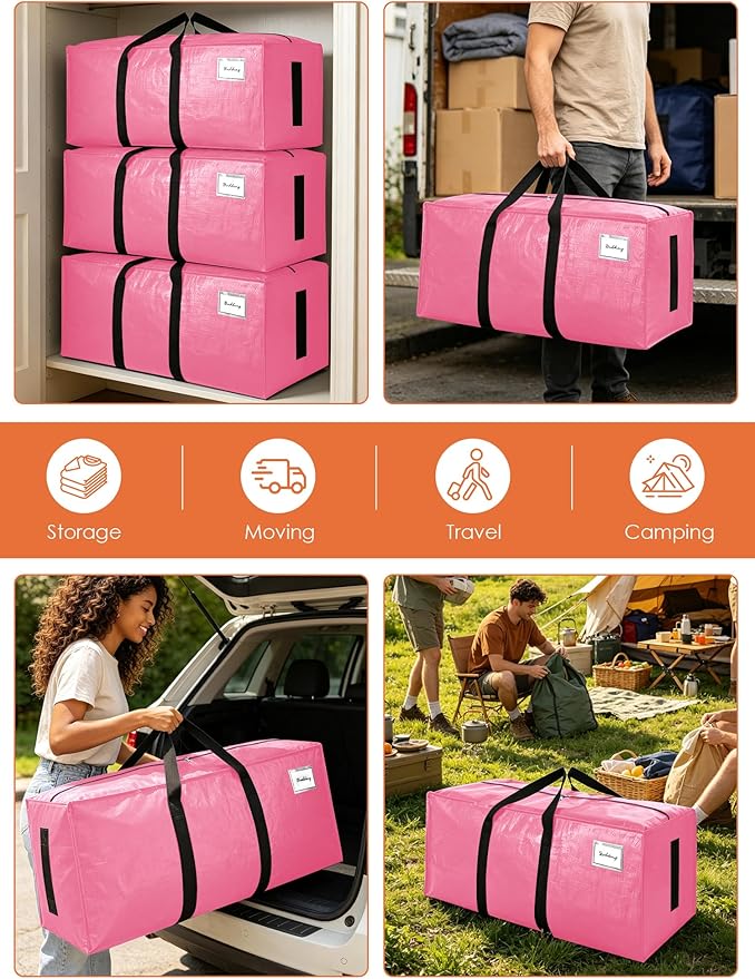 SWEET DOLPHIN 12 Pack 200LB Heavy-Duty Moving Bags with Wrap-Around Handles, Extra Large Storage Totes for Space Saving, Clothes Storage Bags, College Dorm Essentials, Pink, 24 Gal