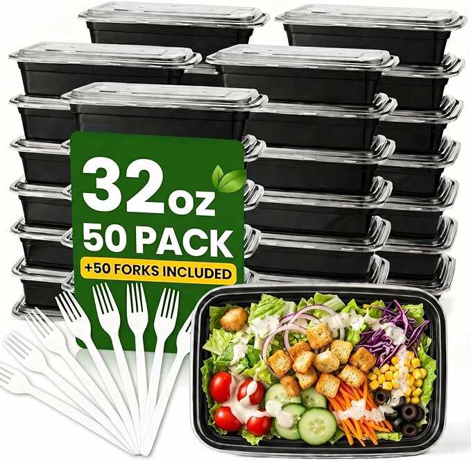 Meal Prep Containers with Lids 32oz-50 Pack & 50 Forks Individually Wrapped, Disposable Food Storage Containers BPA Free, Leak-Resistant, Microwave & Freezer Safe for Salad,Lunch,Take out,Togo Box