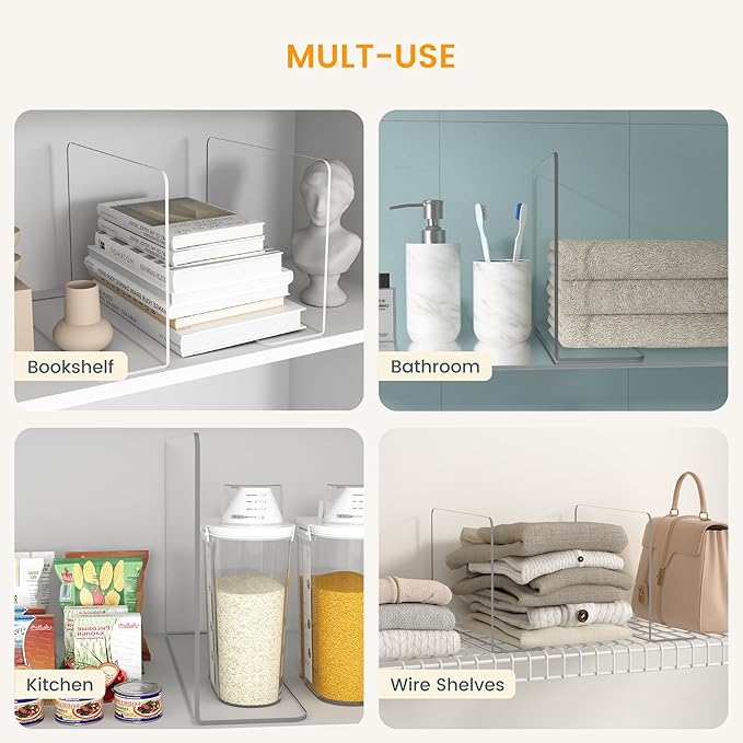 OKPOW Shelf Dividers for Closet Organization – Keep Sweaters & Purses Upright, Clear Acrylic Separators for Most Wood Shelves & Pantry, Damage-Free, Sturdy & Tall (10" x 12", 12 Pack)