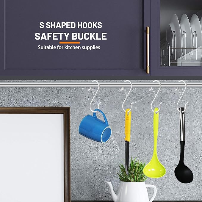 36 PCS S Hooks for Hanging with Safety Buckle, 3.5 inch Heavy Duty Metal S Shaped Hook for Kitchen Utensil, Cups, Pots, Plants, Bags, Hats (White)