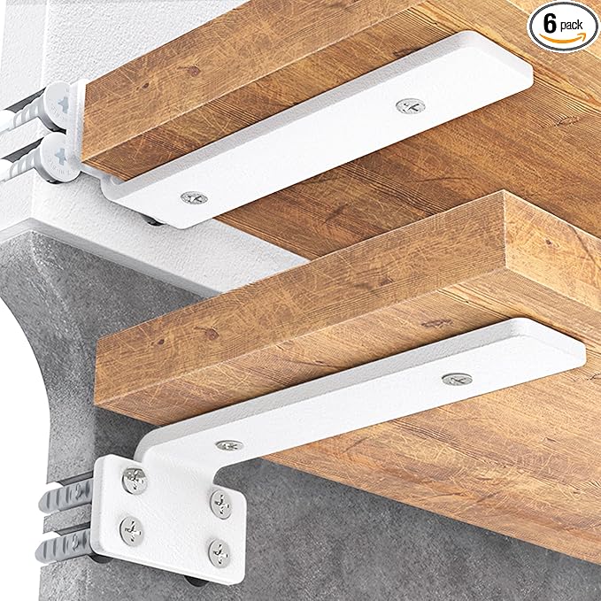 Goovilla Shelf Bracket, Heavy Duty Floating Shelf Brackets 6 inch Long, 6 Pack Brackets for Shelves, White Coated Metal Wall Shelf Support Brackets with 1/5 Inch Thick and 160 lb. Load Capacity