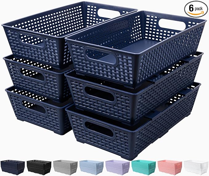 Tiawudi Stackable Woven Plastic Basket, Storage Bins for Cabinet, Closet, Shelf, Under Sink and Countertop, Pantry Organizer Bins, 6 Pack