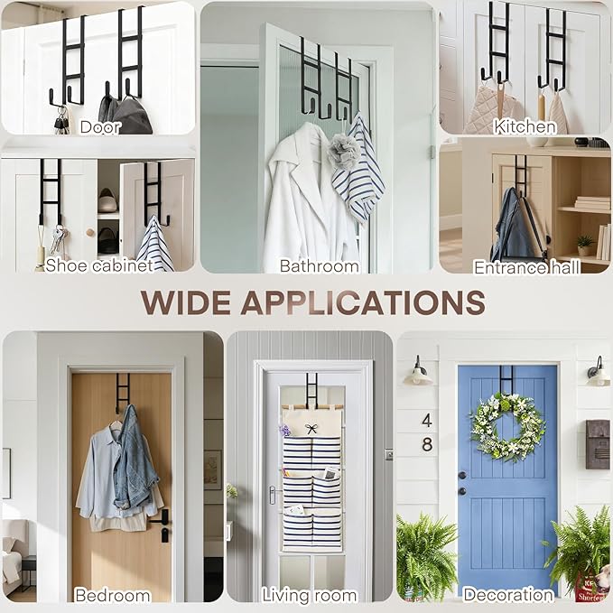 FYY 2 Packs Over The Door Hooks, Double Sided Door Hanger Hook - Heavy Duty No Drill Wall Hooks for Hanging Coats, Towels, Bags, Kitchen Closet Fits Most Doors Up to 1-7/8" Thickness (7.8" L, Black)