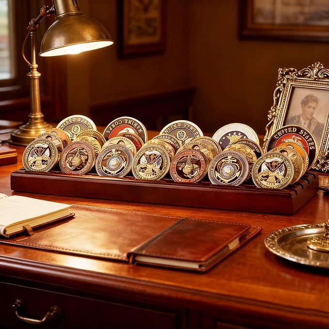 DisplayGifts Challenge Coin Display Stand, 4 Row Wooden Holder Rack Case (Mahogany - Style 2 -4 Rows)