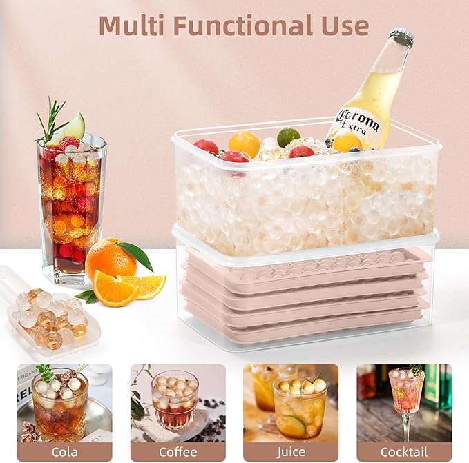 WIBIMEN Mini Ice Cube Trays, 0.55” Tiny Pebble Ice for Iced Coffee & Cocktails, Fast Chill, Easy Twist Release, Stackable with Lid & Storage Bin (4 Pack, Pink)