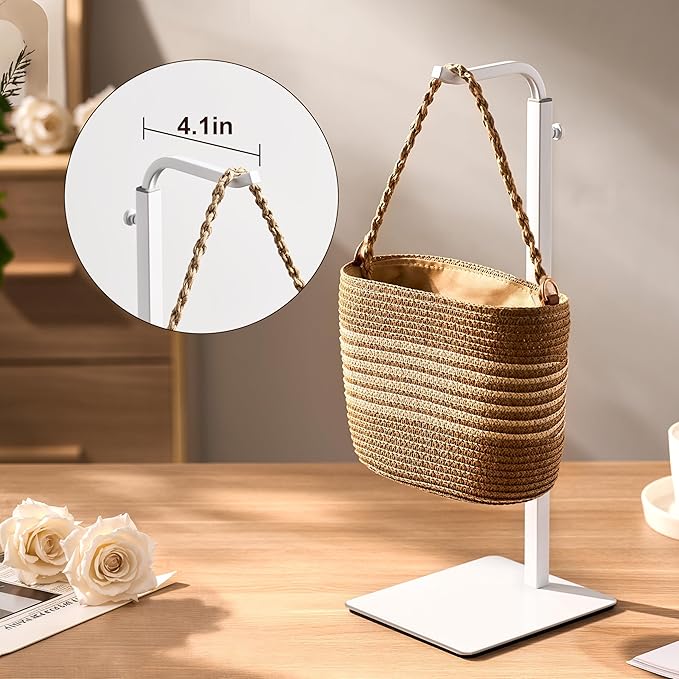 Purse Holder Handbag Display Stand: Hanger Rack Showing Bags, Purses, and Wreath, Adjustable Hook Stand for Tabletop, Closet, Desk, and Retail Use for Vendors, White