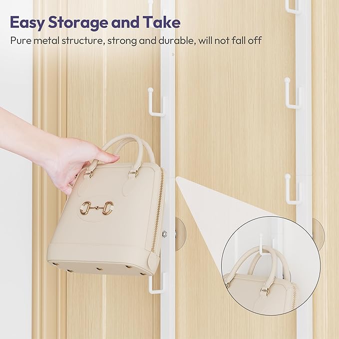 SWTYMIKI Over the Door Purse Organizer - 2 Packs Wall Mounted Purse Rack with 5 Hooks Design, Hanging Handbag Organizer Storage Holds up to 10 Bags, Bag Rack for Closet, Door (White)