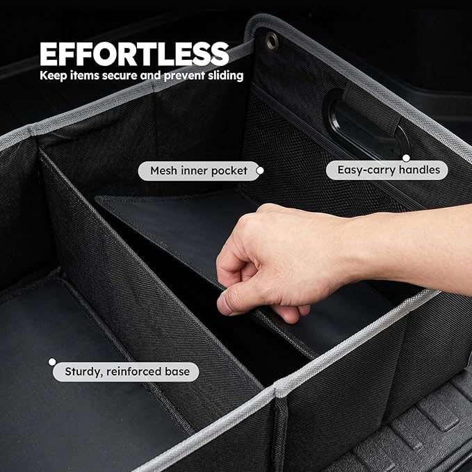 50L Car Trunk Organizer, Heavy-Duty 600D Oxford Collapsible Storage Box with 3-Compartments & Securing Straps, Foldable Organizer for SUV/Sedan/Truck, Car Accessories Storage