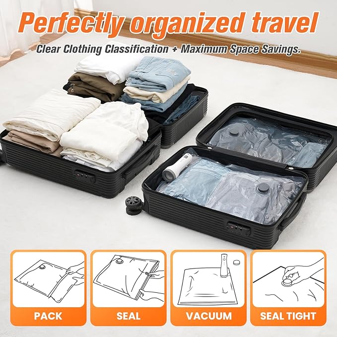 15 Pack Vacuum Storage Bags for Travel with Rechargeable Cordless Pump, Space Saver Bags for Clothes, Compression Packing Bags for Luggage and Suitcase, 15 Combo Size