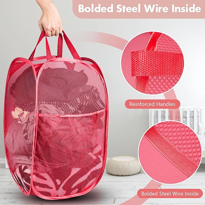 DUCOO Pop Up Laundry Hamper, 70L Collapsible Mesh Laundry Basket with Side Pocket, Foldable Dirty Clothes Hamper with Sturdy Reinforced Handles for Home Dorm Bedroom Travel Storage, Red, 2Pack