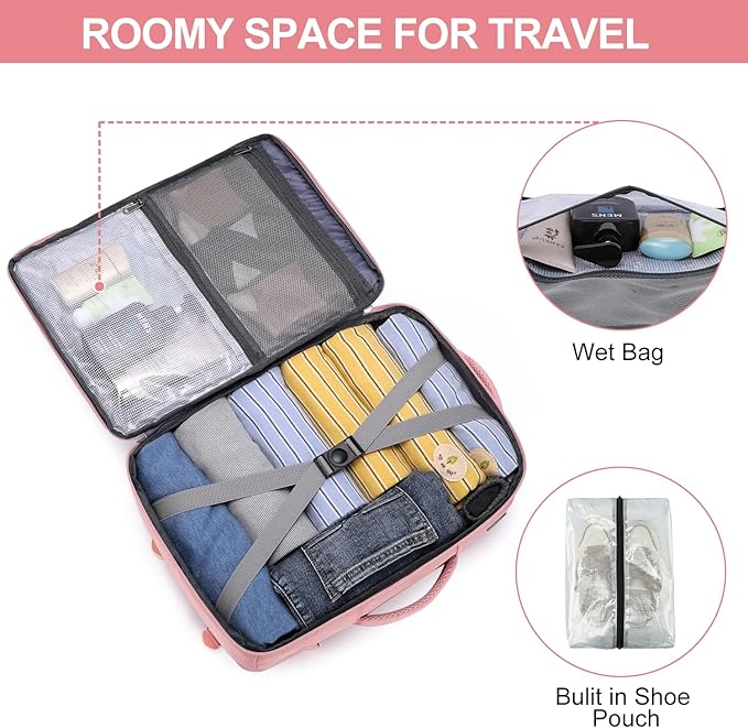 Carry On Backpack for Women,Travel Backpack Flight Approved,Underseat Personal Item Travel Bag With Shoe Compartment, TSA 15.6" Laptop Back Pack Casual Daypack for College Weekender Business,Pink