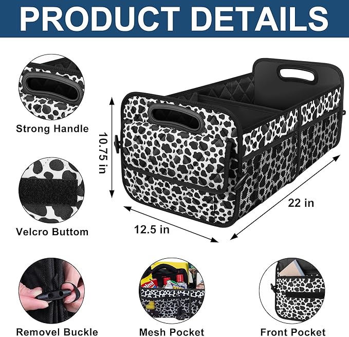 Deosk Trunk Organziers and Storage with Reinforced Handles,Car Accessories for Women/Men 50L Waterproof Polyester Trunk Organzier for Car/SUV/Minivan/Truck(Medium, Cow print)