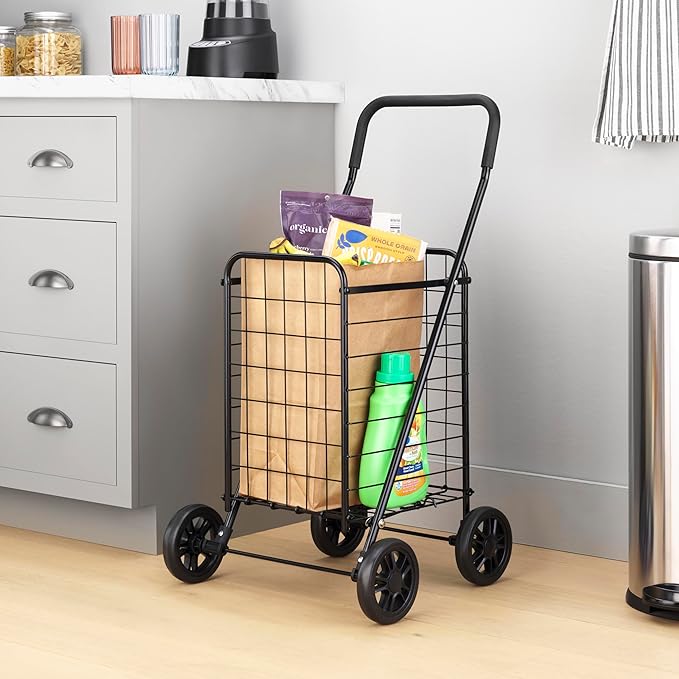 Whitmor Foldable Utility Shopping Cart with Wheels, Heavy Duty Metal Grocery Cart, Portable Foam Handle, Rolling Collapsible Trolley for Groceries, Laundry, Storage, Black