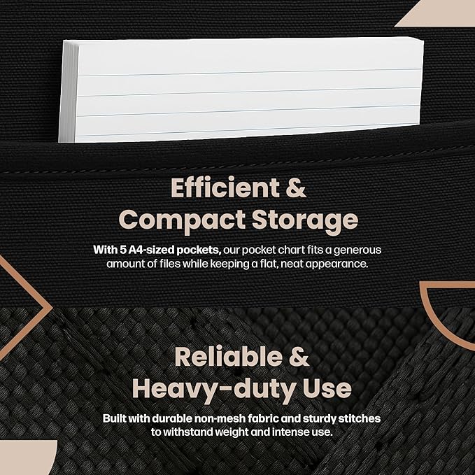 Hippo Creation Heavy Duty Storage Pocket Chart for Classroom, 5 Pocket Storage Organizer with 2 Over-Door Hangers, Hanging Wall Organizer for File Folders, School Mailbox, Home Office Papers - Black