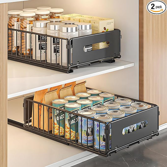 Pull Out Cabinet Organizer, 2 Pack Heavy Duty Slide Out Drawers Pantry Shelves Fixed With Strong Adhesive Glue and Handle for Kitchen, Living Room, Bathroom, Home (14.8" D X 9.6" W X 3.9" H)