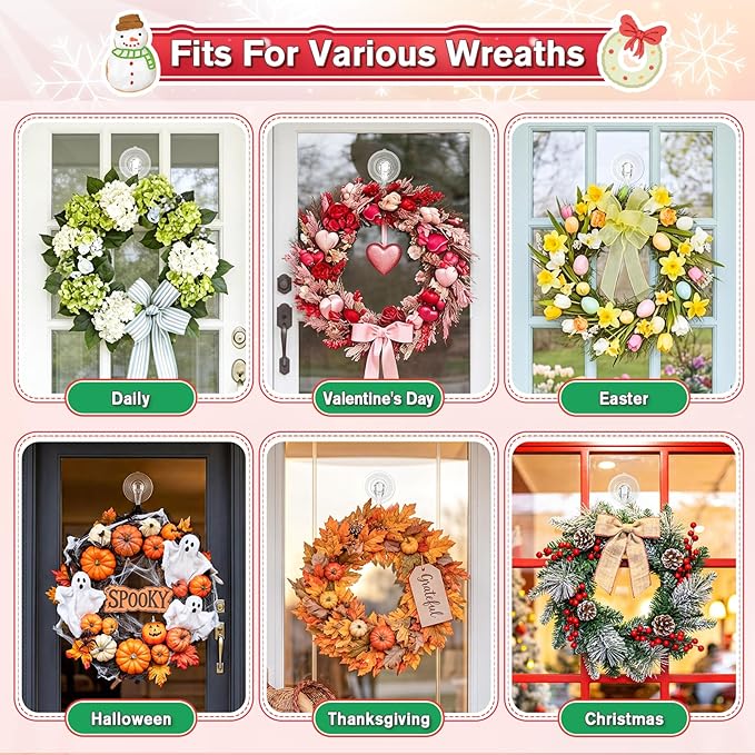 VIS'V Wreath Hanger, Large Suction Cup Wreath Hooks with Wipes, Heavy Duty, 22 LB Capacity, Removable and Reusable, Clear, 6 Pcs