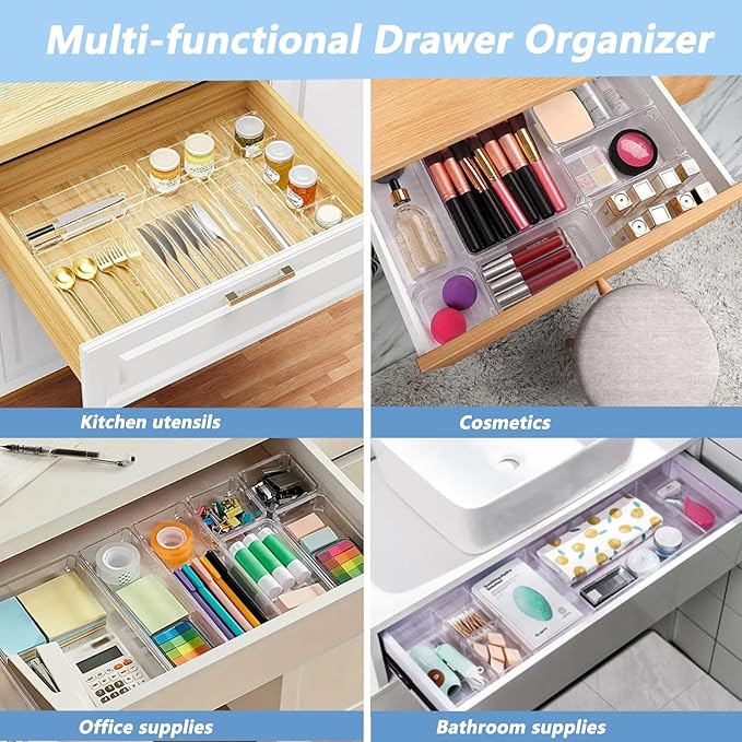 Clear Drawer Organizer Set, 4 Sizes Desk Drawer Divider Organizers Storage Bins for Bathroom,Kitchen,Office,Vanity Organizers Tray for Jewelry (15PACK)