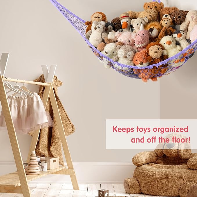 Stuffed Animal Storage Hammock Net Corner - Large Toy Hammock Net for Stuffed Animals Room Decor - Cute Stuff Animal Organizer Holder for Plush Plushie - Kids Baby Nursery Wall Bedroom Home Decor