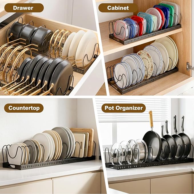 2PACK Expandable (12"-24") Pots and Pans Organizer Under Cabinet with 32 Adjustable Dividers for Kitchen, Pot Lid Organizers Inside Cabinet, Pan Lid Holder, Rust-Resistant Lid Storage, Easy to Clean
