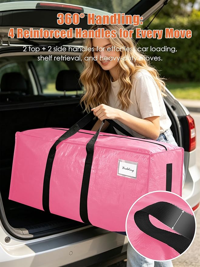 SWEET DOLPHIN 8 Pack 200LB Heavy-Duty Moving Bags with Wrap-Around Handles, Extra Large Storage Totes for Space Saving, Clothes Storage Bags, College Dorm Essentials, Pink, 24 Gal