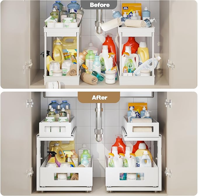 1 Pack Under Sink Organizer with Next-Gen Ball-Bearing Slides,2-Tier Pull Out Cabinet Storage,Height Adjustable Drawer Shelf for Bathroom,Kitchen,Laundry,Cabinet,Pantry-White