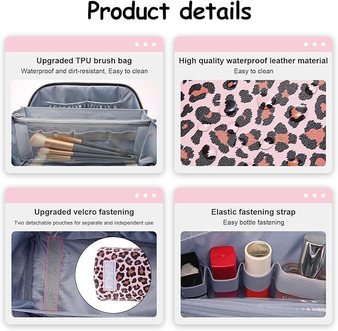 Travel Makeup Bags Organizer for Women: 3 Pcs Set Cosmetic Bag - Large Make up Bag with Compartments - Flat Open Waterproof Leather Toiletry Bags for Skincare, Brushes & Travel Essentials - Pink