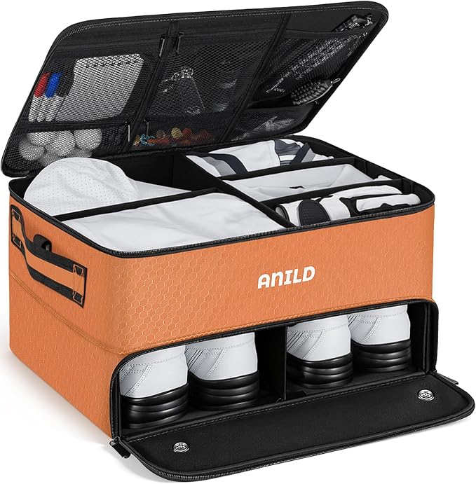 ANILD Golf Trunk Organizer, 2 Layer Golf Storage Case with Separate Ventilated Compartment for 2 Pair Shoes, for Balls, Tees, Clothes, Gloves, Accessories, Golfer Gifts