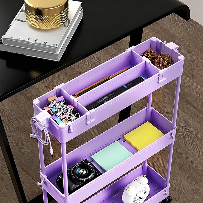 SPACELEAD Slim Storage Cart 3 Tier,Bathroom Organizer Rolling Utility,Mobile Shelving Unit Slide Out for Office, Kitchen, Laundry Room & Narrow Places,Purple