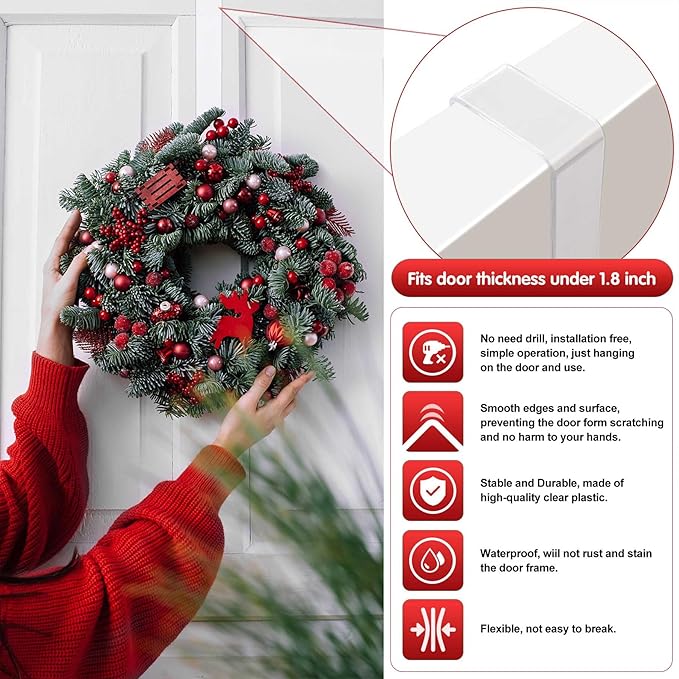 12" Clear Wreath Hangers for Front Door, 3 Pack Non-Scratch Over The Door Hooks Hanger, All-Season Decorations & Storage