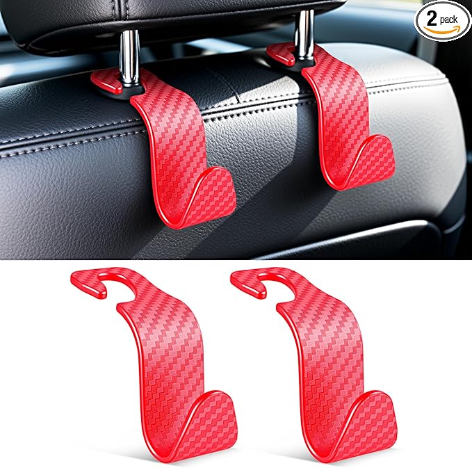 SINGARO Universal 2 Pack Car Seat Headrest Purse Hook, Carbon Fiber Back Seat Hook Storage Organizer Hanger for Purse Handbag Coat, Car Interior Accessories(Red)