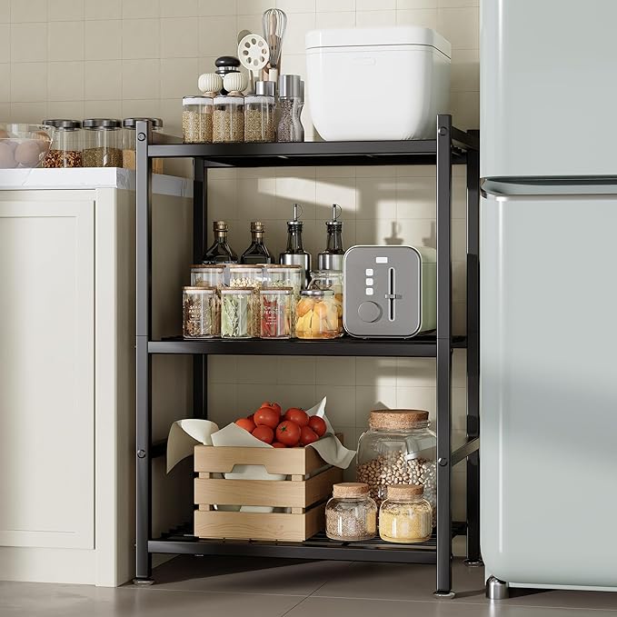 Small Storage Shelves, 3-Tier Metal Shelving Unit with Adjustable Feet, Compact Shelf Organizer for Garage, Kitchen, Pantry and Closet Organization, 17.7" x 11.8" x 29.9",Black