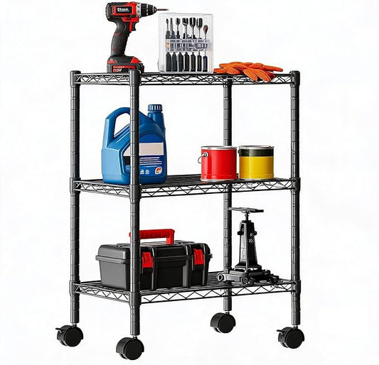 DUMOS 3-Tier Metal Wire Storage Shelves, Adjustable Standing Storage Rack Shelf with Wheels, Heavy Duty Steel Shelving Unit Organizers for Kitchen Bathroom Pantry Garage, 23.1"W×13.4"D×30.2"H, Black