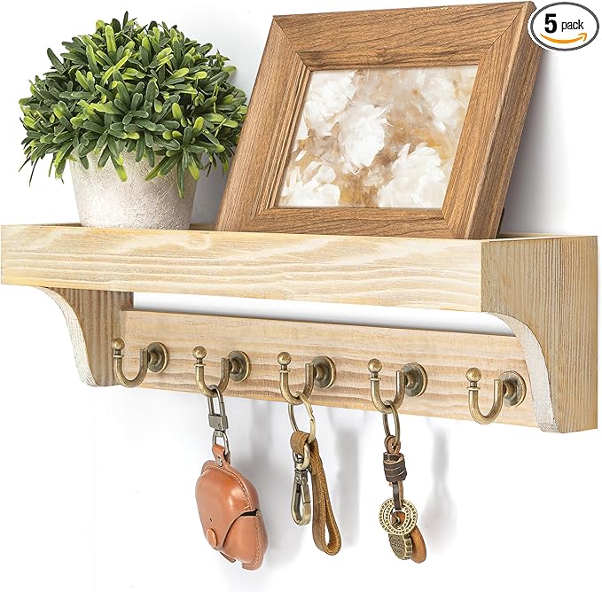 Rebee Vision Farmhouse Pine Wood Key Holder Wall Mount for Room Decor - Rustic Key Holder for Wall with Shelf for Small Plant and Cute Things - Ideal Entryway Organizer in House (Natural Wood)