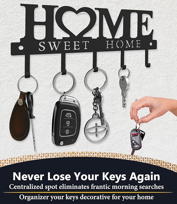 Key Holder Hooks Organizer Hanger Rack Wall Mounted Sweet Home Metal Decor Stylish and Practical for Entryway Front Door Kitchen Hallway Garage Mudroom Office Hardward Included Black (Sweet 13 inches)