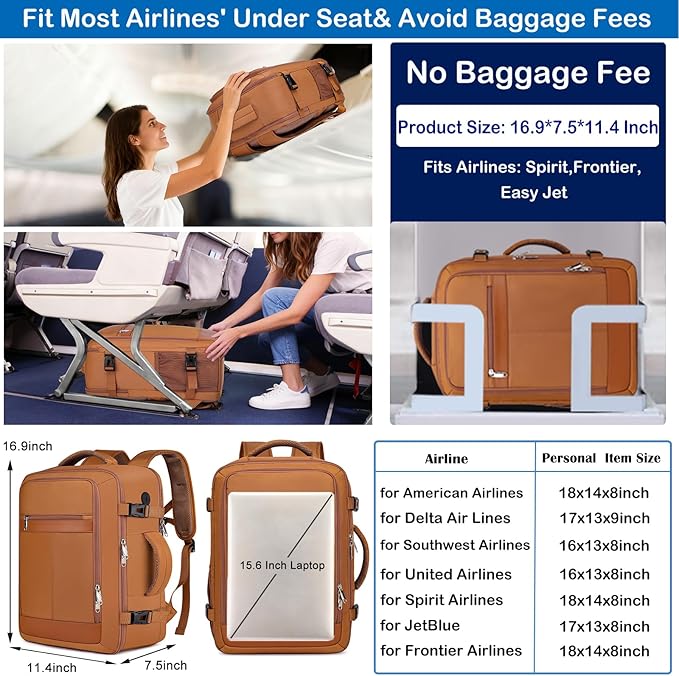 EZUOLA Carry On Backpack for Women,Travel Laptop Backpack Airline Approved,Underseat Personal Item Travel Bag With Shoe Compartment, Casual Daypack Gifts for Friend Weekend Business College,Brown