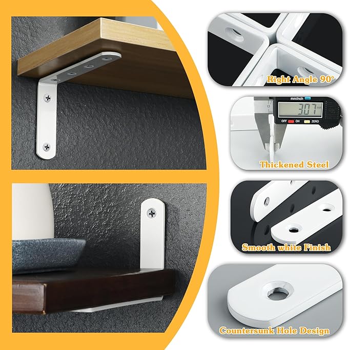 Alise Floating Shelf Brackets,White Bracket for Shelves Heavy Duty L Bracket Corner Brace,Stainless Steel Joint Angle Brace for Wooden Board Hanging Support,6x4 Inch(Pack of 4)