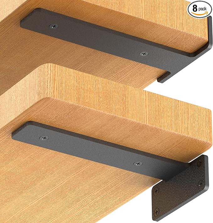 Starunder 8 Pack Floating Shelf Brackets, 8 Inch Heavy Duty Industrial Shelf Bracket, Black Metal L Brackets for Shelves Support DIY(1/5 Inch Thicked)