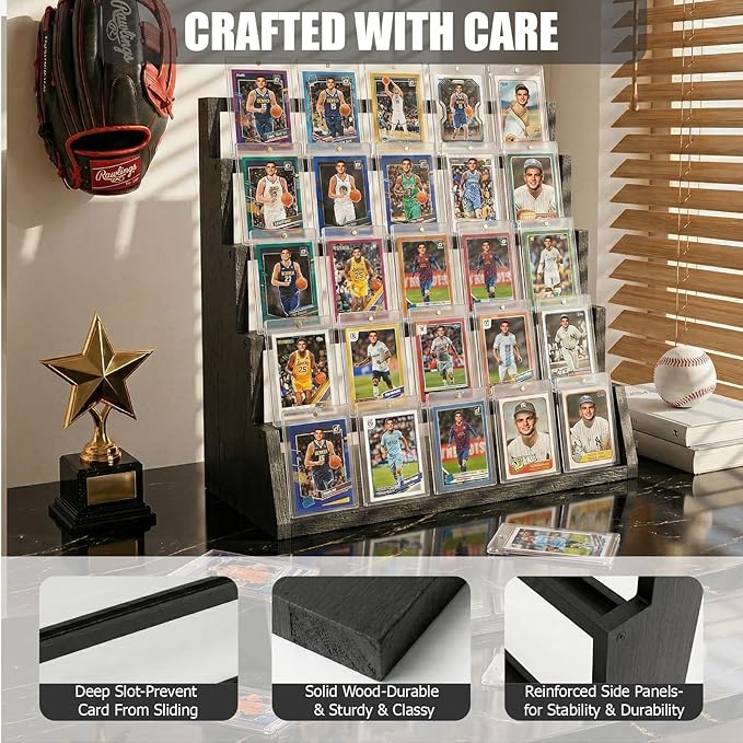 2 Pack 5 Tier Wooden Card Display Stand – Vertical Card Holder Display for Trading Cards, Game Cards, Sports Cards, Graded PSA/BGS/SGC, Baseball, Basketball&Football(Soccer) Card Stand, Desk & Shelf Organize,Black