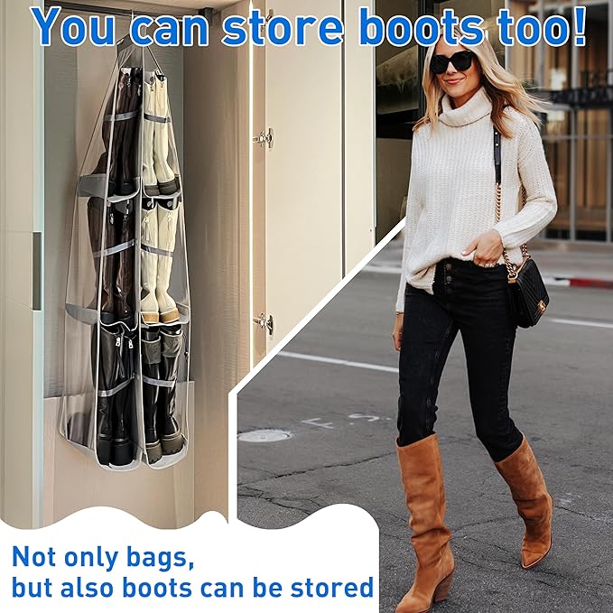 Purse Organizer for Closet, Large Capacity-19.69" Height for Oversized Purses&Tote Bags, Backpacks, Tall Boots, Purse Organizer,with 12 Boot Shapers, Hanging Purse Organizer, Grey