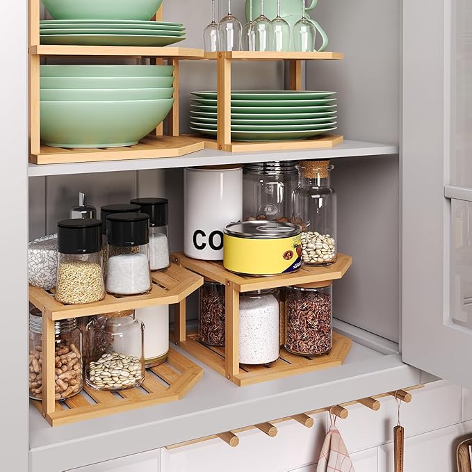 Bamboo Corner Shelf(3 Pack),2 Tier Plate Organizer for Cabinet and Countertop,Pantry Dish and Spice Rack for Kitchen