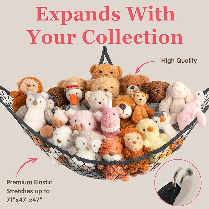 Stuffed Animal Storage Hammock Net Corner - Large Toy Hammock Net for Stuffed Animals Room Decor - Cute Stuff Animal Organizer Holder for Plush Plushie - Kids Baby Nursery Wall Bedroom Home Decor