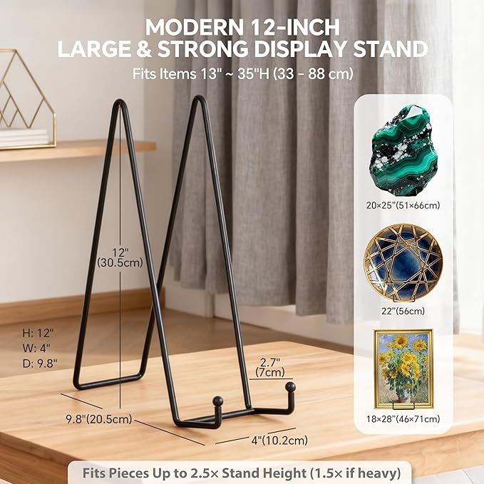 Artliving Metal Plate Stands for Display - 12-Inch Tabletop Holder for Large Heavy Plates, Signs, Plaques, Decorative Canvas Art - Black Iron Display Easels - 2 Pack