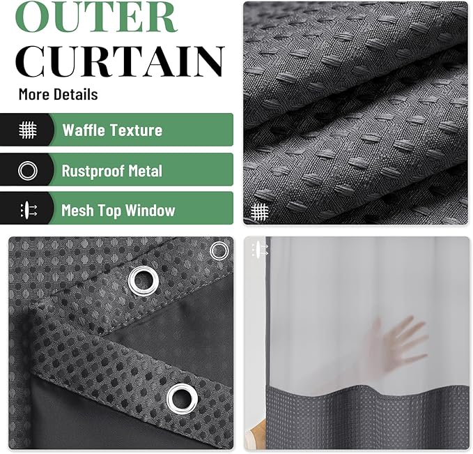 Dynamene Extra Long Shower Curtain, 84 Inch Long Waffle Fabric Shower Curtain for Bathroom, Tall Waterproof Cloth Shower Curtain Set with Hook, Snap in Liner, Mesh Top Window, Charcoal Grey, 72x84