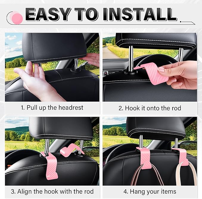 SINGARO Universal 4 Pack Car Seat Headrest Purse Hook, Carbon Fiber Back Seat Hook Storage Organizer Hanger for Purse Handbag Coat, Car Interior Accessories(Pink)