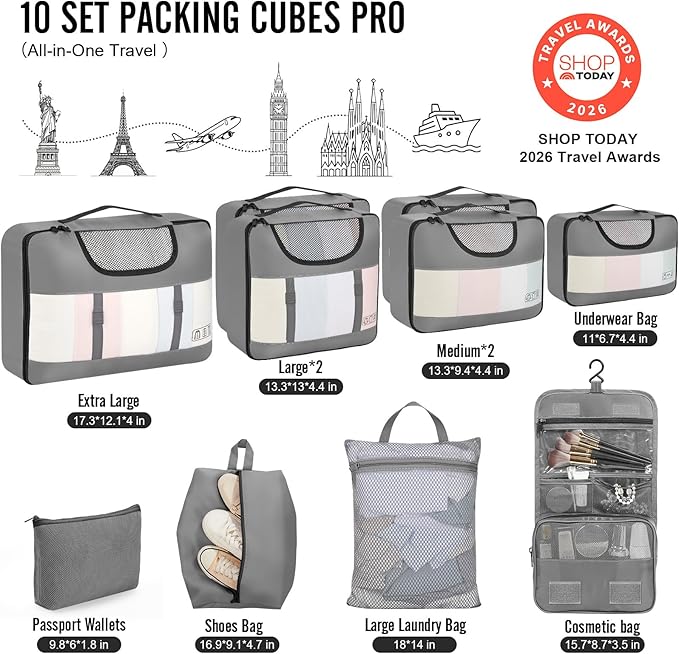 Veken 10 Set Packing Cubes for Travel Essential, Suitcase Organizer Bags in 4 Sizes, Carry-On Luggage Accessories with Large Laundry & Shoes Bag, Must-Have for Airplane, Road Trip & Camping