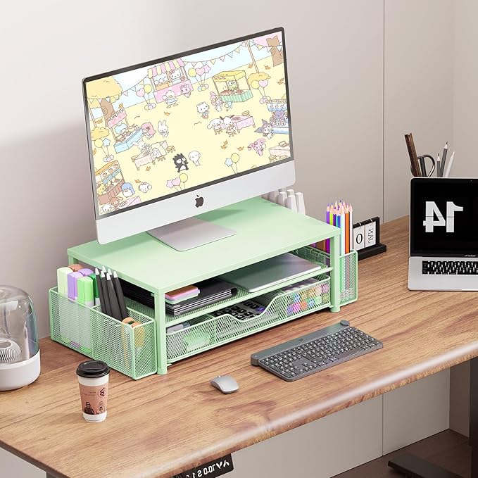 OPNICE Desk Organizers and Accessories, 2-Tier Computer Monitor Stand Riser with Drawer and 2 Pen Holders, Laptop Stand, Office Desk Accessories for Office Supplies, Green